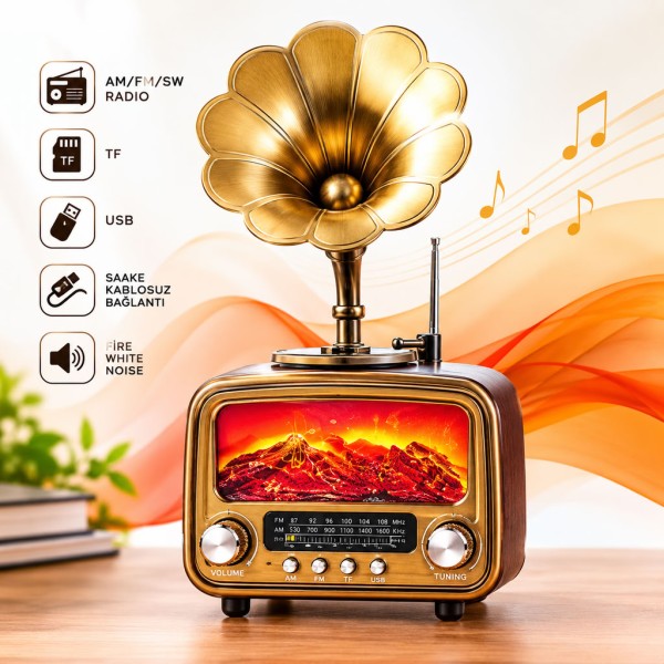 Vintage Retro Bluetooth Hoparlör Gramofon Tasarımlı AM FM SW Radyo USB TF Kartlı RT-422