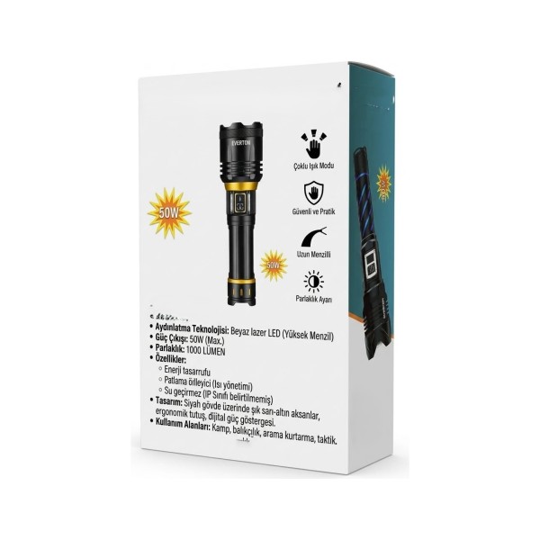 toptan-xml-dropshipping-50W 1000 Lümen Yüksek Menzil Şarjlı El Feneri RT-453