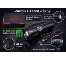6000 Lümen 60W Şarjlı El Feneri - 2 KM Menzilli 10400 mAh Powerbank 4 Pilli Metal Fener RT-T709