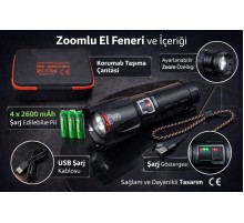 6000 Lümen 60W Şarjlı El Feneri - 2 KM Menzilli 10400 mAh Powerbank 4 Pilli Metal Fener RT-T709