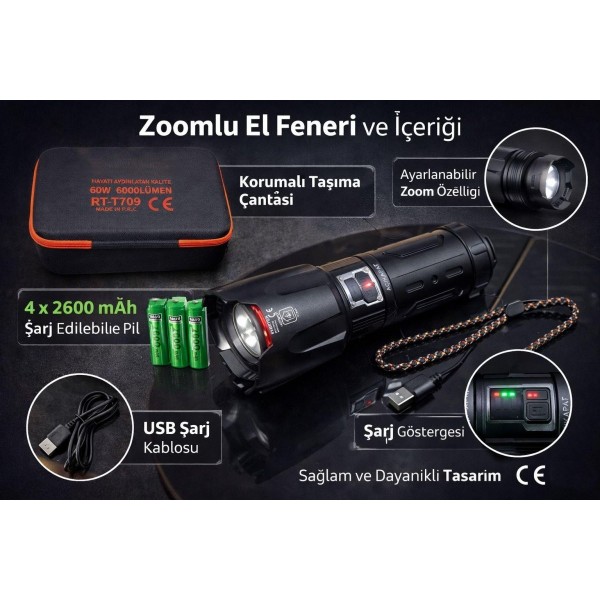 toptan-xml-dropshipping-6000 Lümen 60W Şarjlı El Feneri - 2 KM Menzilli 10400 mAh Powerbank 4 Pilli Metal Fener RT-T709