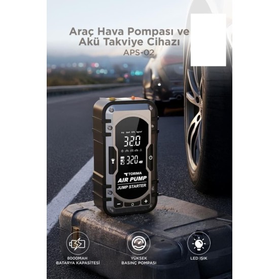 toptan-xml-dropshipping-Araç Hava Kompresörü Akü Takviyeli Powerbank Dijital Ekranlı Işıklı Taşınabilir Kompresör APS02
