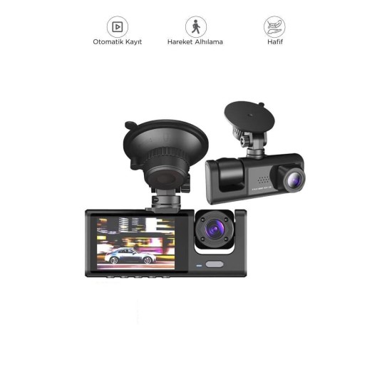 toptan-xml-dropshipping-Araç İçi Kamera Gece Görüşlü LCD Ekranlı 1080P 3 Kameralı Araç Kamerası TA01 Siyah