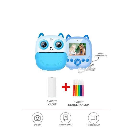 Dijital Fotoğraf Makineleri Çocuk Termal Resim Kağıt Baskılı Yazıcı Kamera Video Makinesi CMR21 Mavi