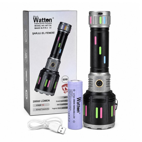 toptan-xml-dropshipping-80W Işık Gücü 20.000 Lümen Şarjlı Göstergeli El Feneri WT-728
