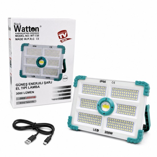 toptan-xml-dropshipping-200W Işık Gücü 3.000 Lümen Solar Güneş Enerjili Şarjlı Lamba WT-738