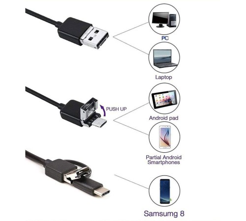toptan-xml-dropshipping-Endoskop 3 in 1 Yılan Kamera USB Micro Usb Type-C 2M Sert Kablo