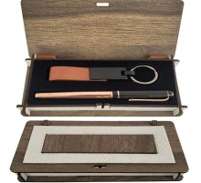 Ahşap Kutulu Set Bakır Roller Kalem ve Anahtarlık
