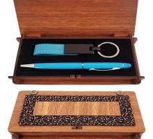 Ahşap Kutulu Kalem ve Anahtarlık Mavi Set