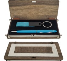 Mavi Kalem ve Anahtarlık Ahşap Kutulu Set