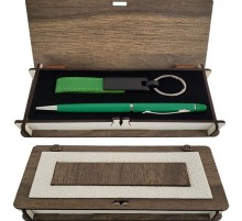 Ahşap Kutulu Yeşil Anahtarlık ve Kalem Set