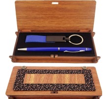 Ahşap Kutulu Koyu Mavi Kalem ve Anahtarlık Set