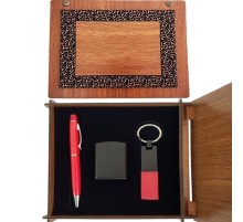 Ahşap Kutulu Kırmızı Kalem Anahtarlık ve Çakmak Set