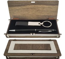 Ahşap Kutulu Siyah Anahtarlık ve Kalem Set