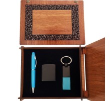 Ahşap Kutulu Çakmak ve Mavi Kalem Anahtarlık Set