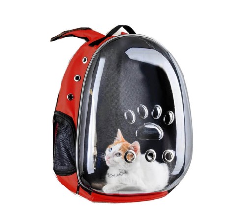 toptan-xml-dropshipping-Şeffaf Astronot Kedi Köpek Taşıma Çantası Pati İzli Kırmızı
