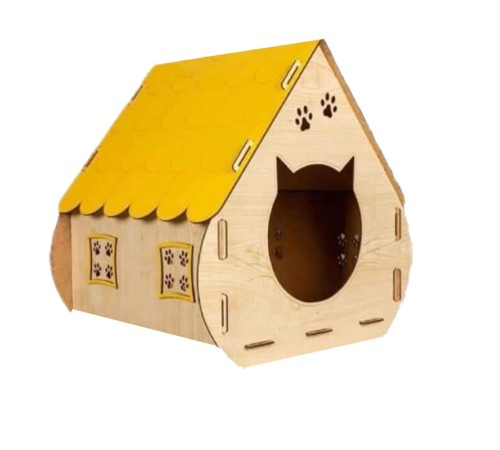 toptan-xml-dropshipping-Ahşap Yetişkin Kedi Evi Sarı