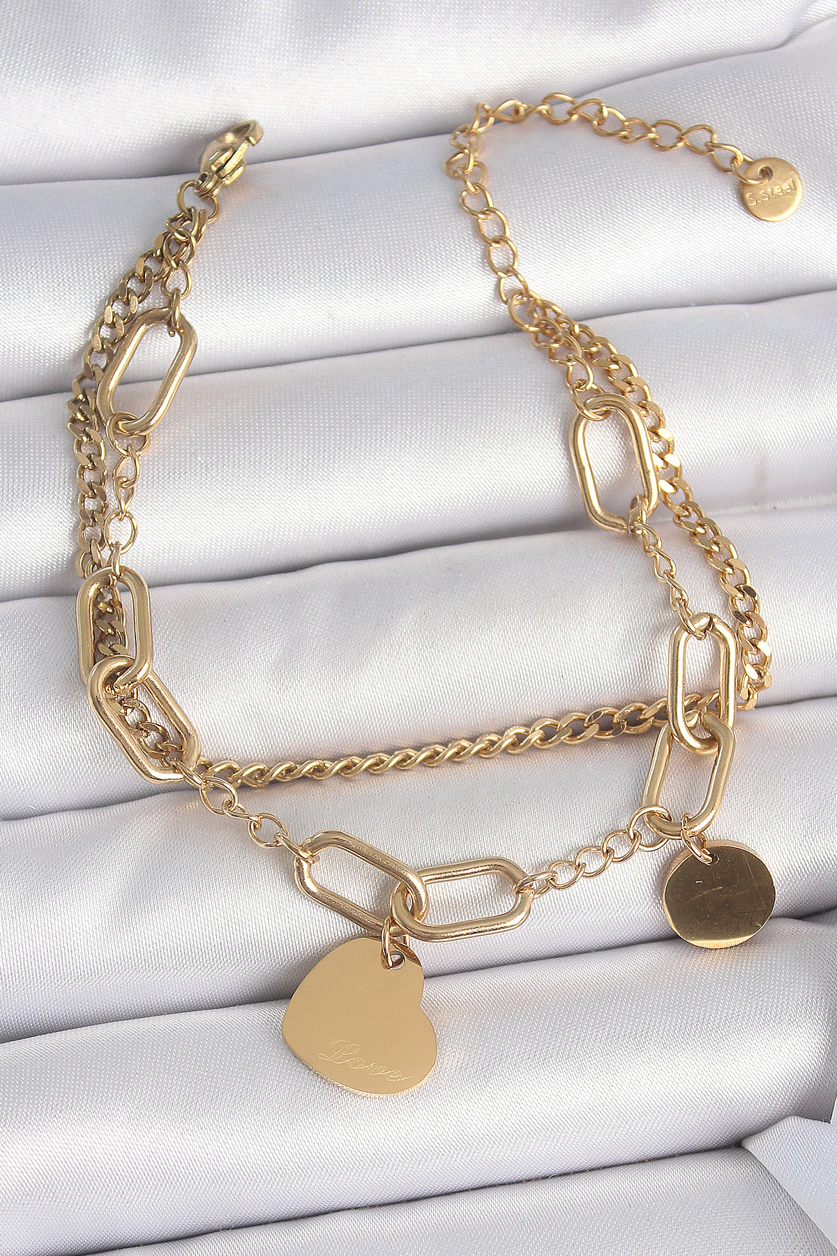 316L Çelik Gold Renk 2'Li Zincir Model Sallantı Kalp Figür Kadın Bileklik - TJ-BB6953