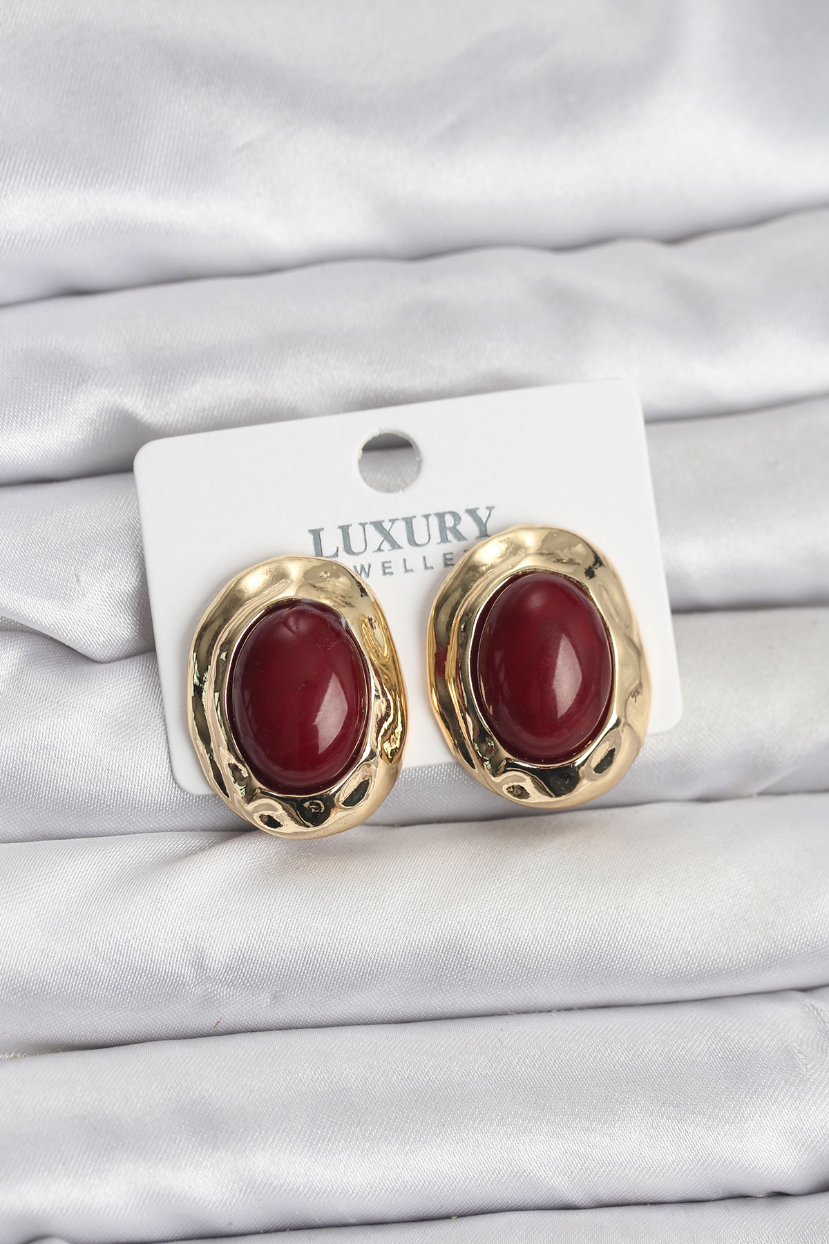 Bordo Renk Oval Vintage Pirinç Kadın Küpe - TJ-BKP11496