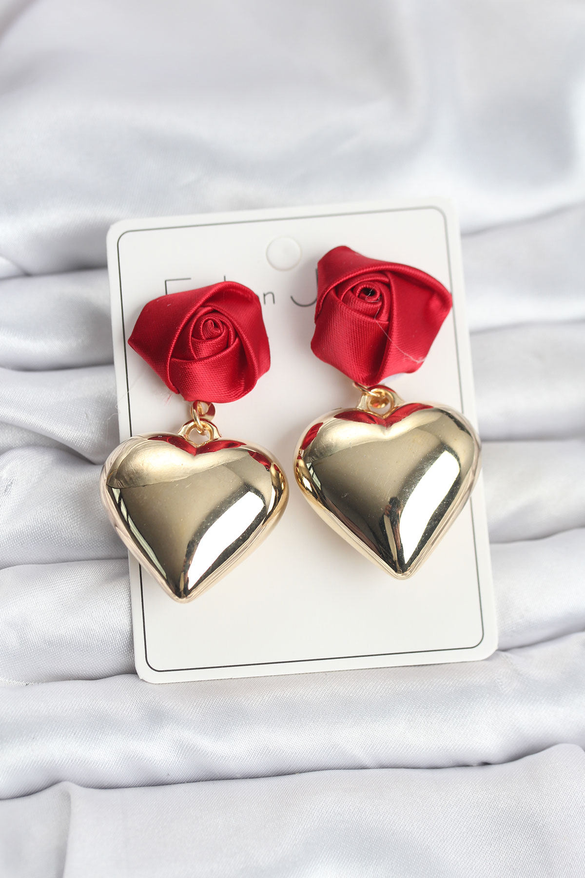 Pirinç Gold Kalpli Kırmızı Gül Model Kadın Küpe - TJ-BKP11500