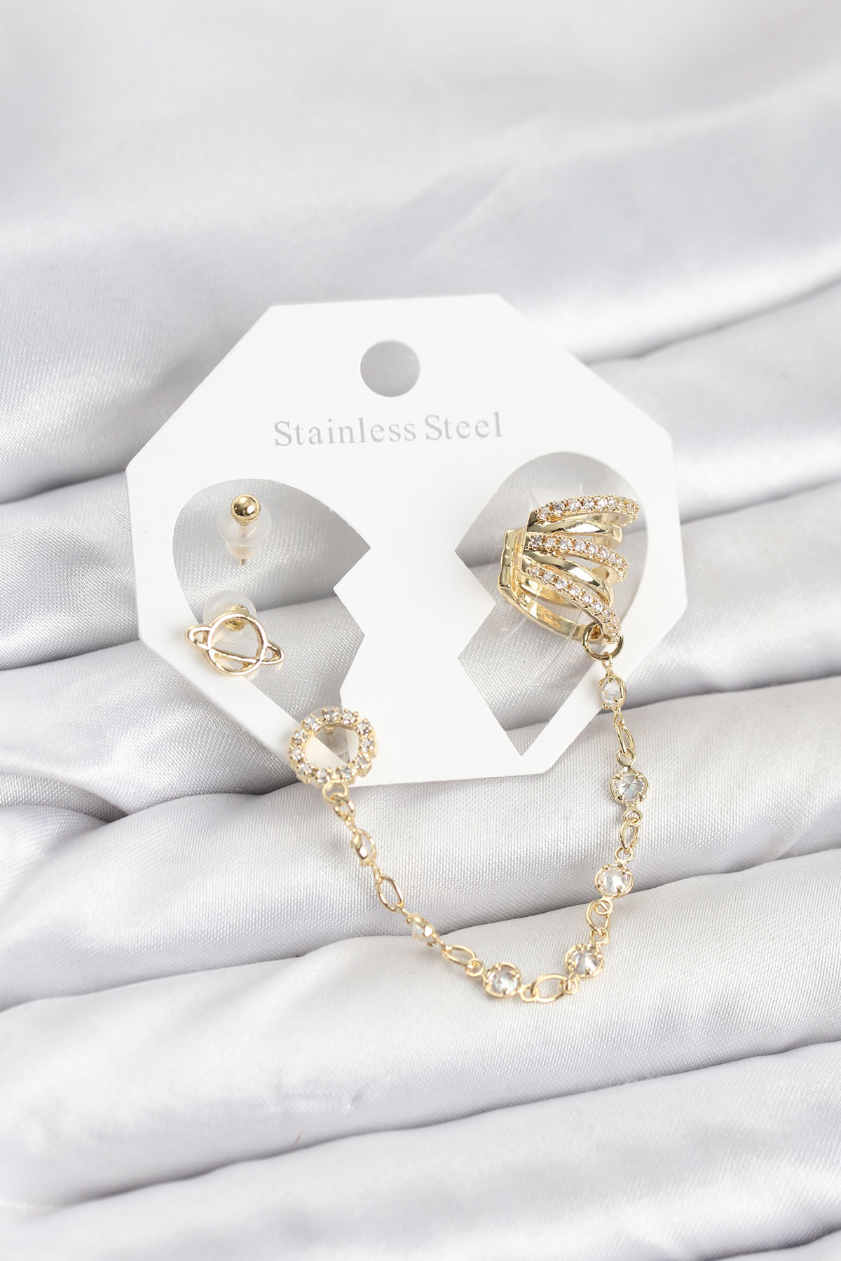 Uzay Model Pirinç Gold Renk Zincir Bağlantılı Ear Cuff Küpe Seti - TJ-BKP11546