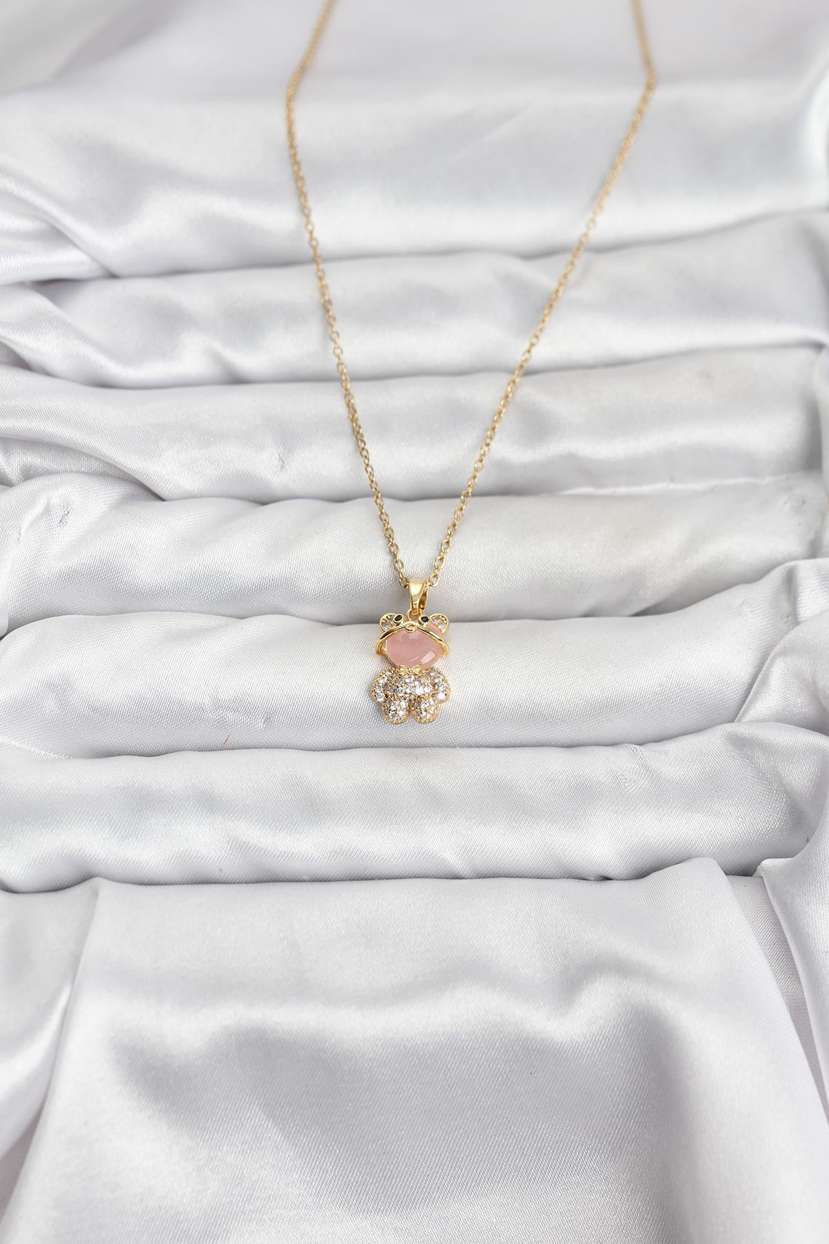 316L Çelik Zincir Gold Renk Teddy Bear Model Zirkon Taşlı Kadın Kolye - TJ-BKO10852