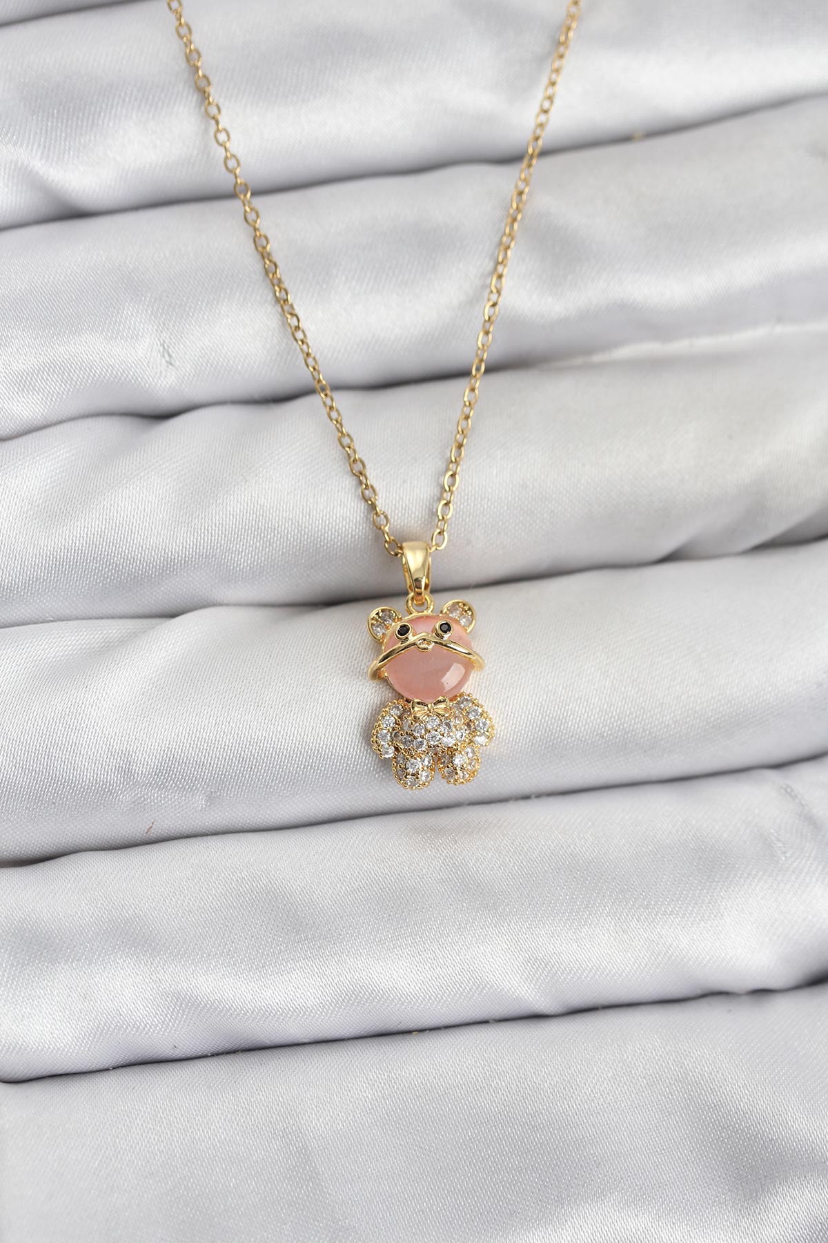 316L Çelik Zincir Gold Renk Teddy Bear Model Zirkon Taşlı Kadın Kolye - TJ-BKO10852