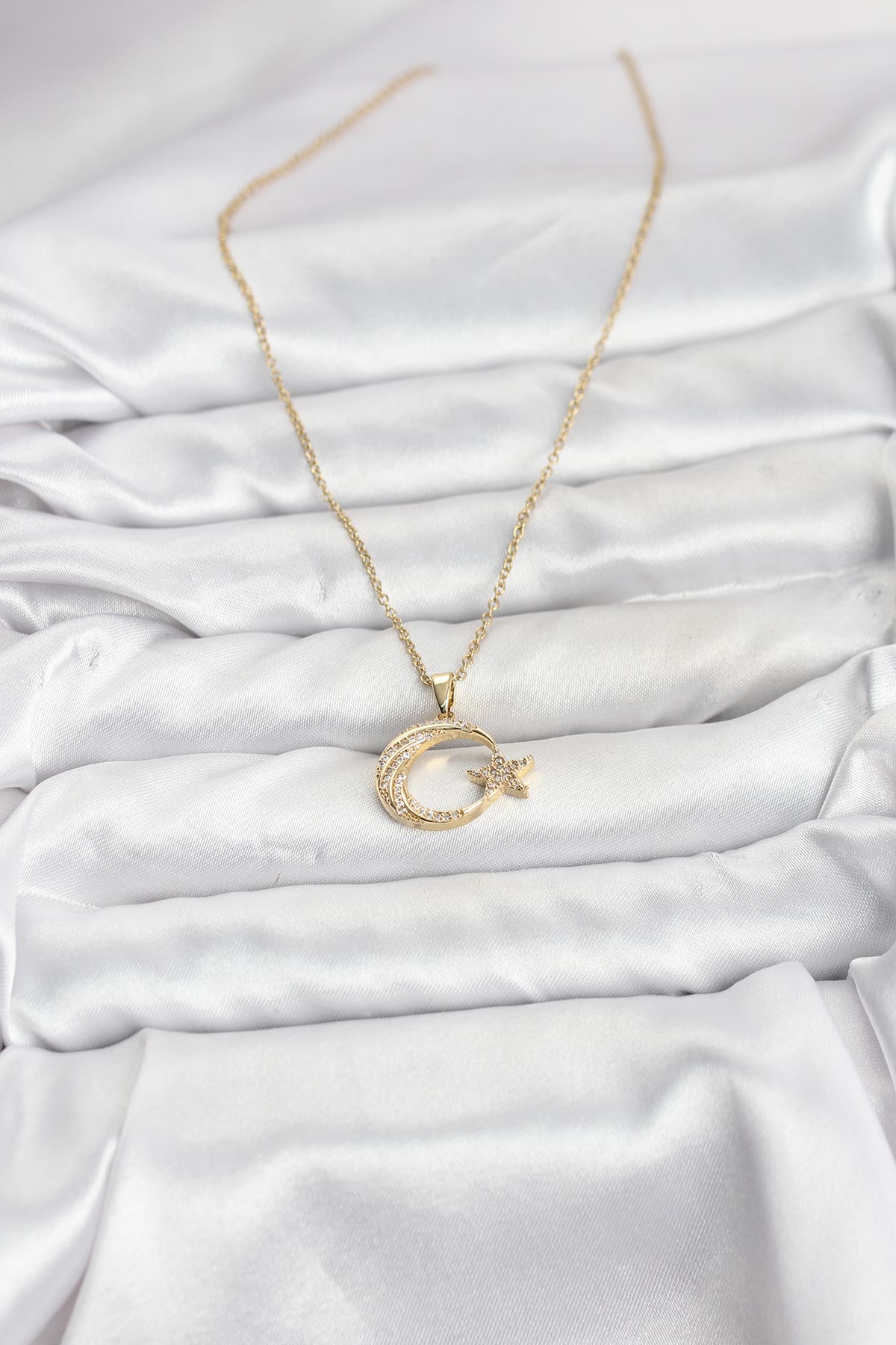 316L Çelik Zincir Gold Renk Ay Yıldız Model Zirkon Taşlı Kadın Kolye - TJ-BKO10905