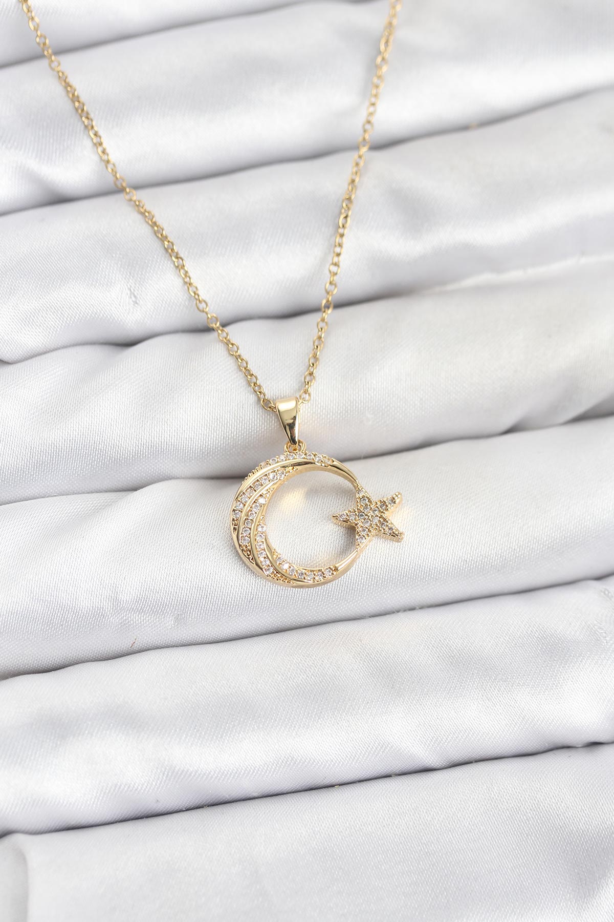 316L Çelik Zincir Gold Renk Ay Yıldız Model Zirkon Taşlı Kadın Kolye - TJ-BKO10905