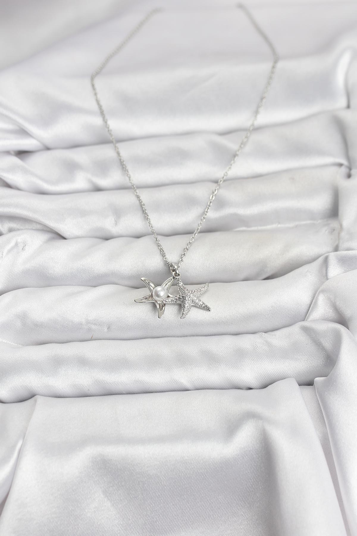 316L Çelik Zincir Gümüş Renk Deniz Yıldızı Model Zirkon Taşlı Kadın Kolye - TJ-BKO10906