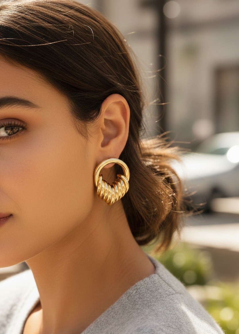 Pirinç Gold Renk Halka Sarmal Model Vintage Kadın Küpe - TJ-BKP11640