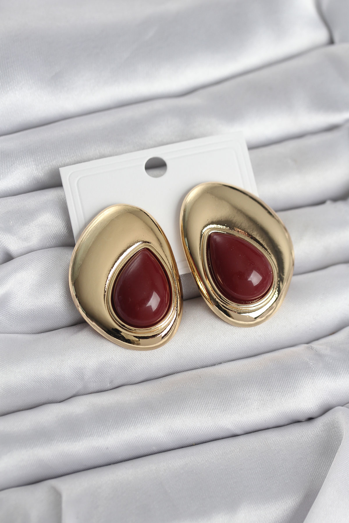 Pirinç Gold Renk Bordo Taşlı Damla Model Vintage Kadın Küpe TJ-BKP11682
