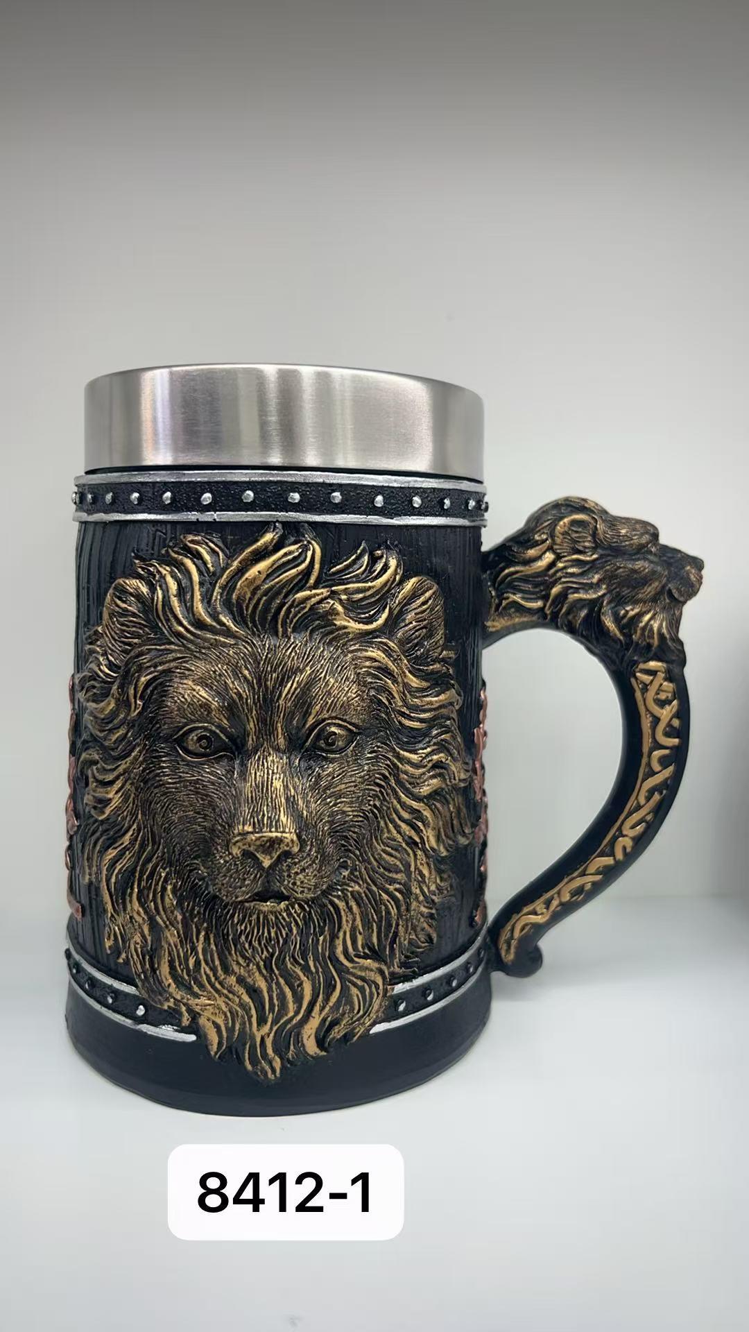 Büyük Boy Aslan Motifli Çelik Kupa Bardak Kod 8412-1