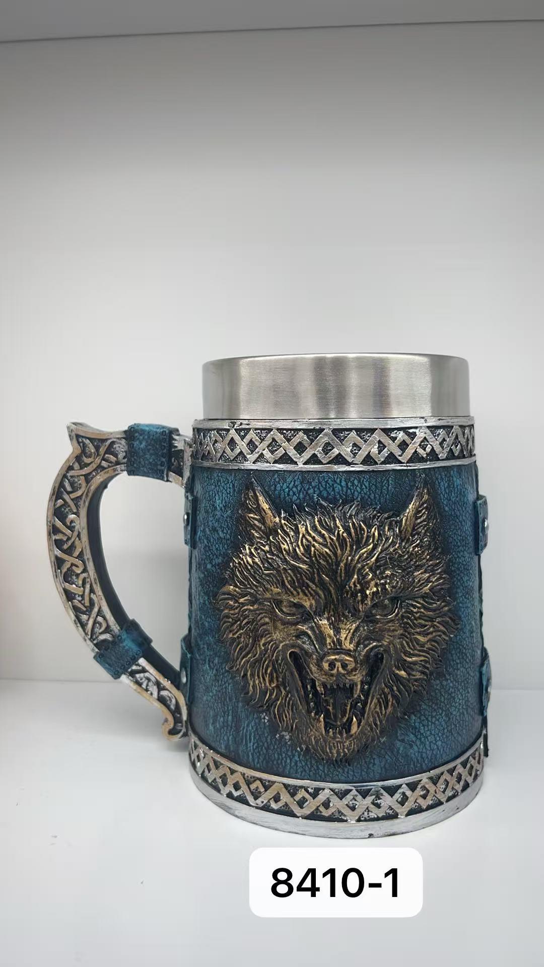 Büyük Boy Mavi Kurt Motifli Çelik Kupa Kod 8410-1