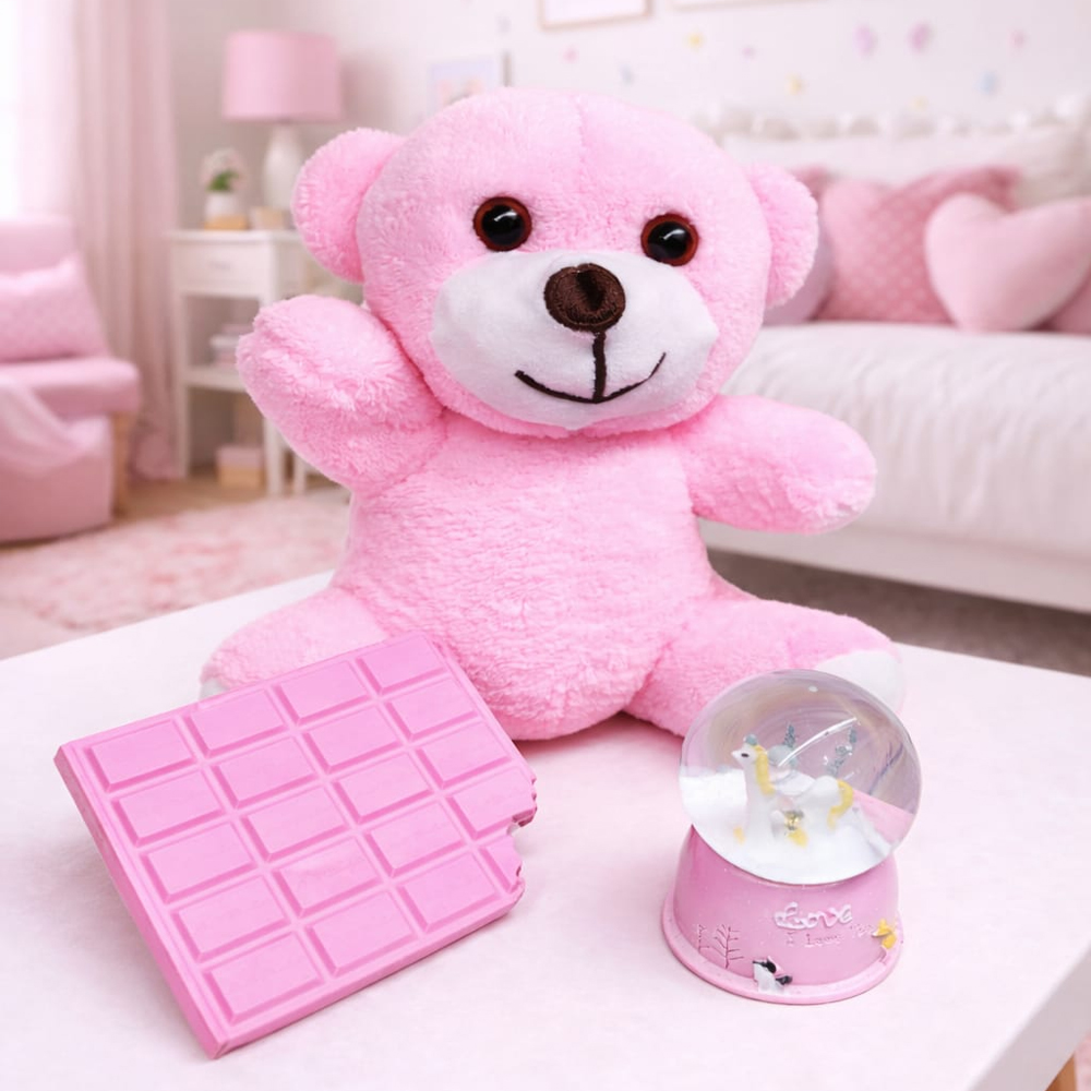 Pembe Peluş Ayıcık Kar Küresi Ve Pembe Çikolata Not Defteri