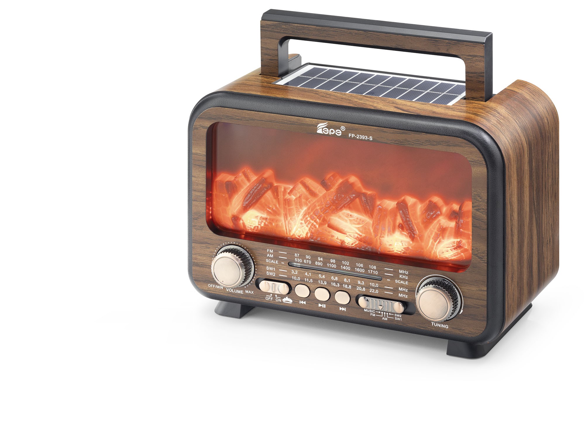 Bluetooth Solar Panelli Fm Radyo Usb Tf Nostaljik Hoparlör Alev Efektli 25 X 14.5 X 18 Cm - Kahverengi FP2393S