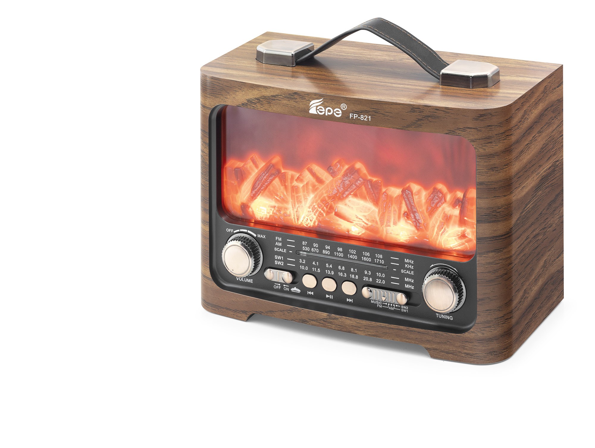 Bluetooth Fm Nostaljik Hoparlör Alev Efektli Usb Tf 25.7 X 14.5 X 19.4 Cm - Kahverengi FP821