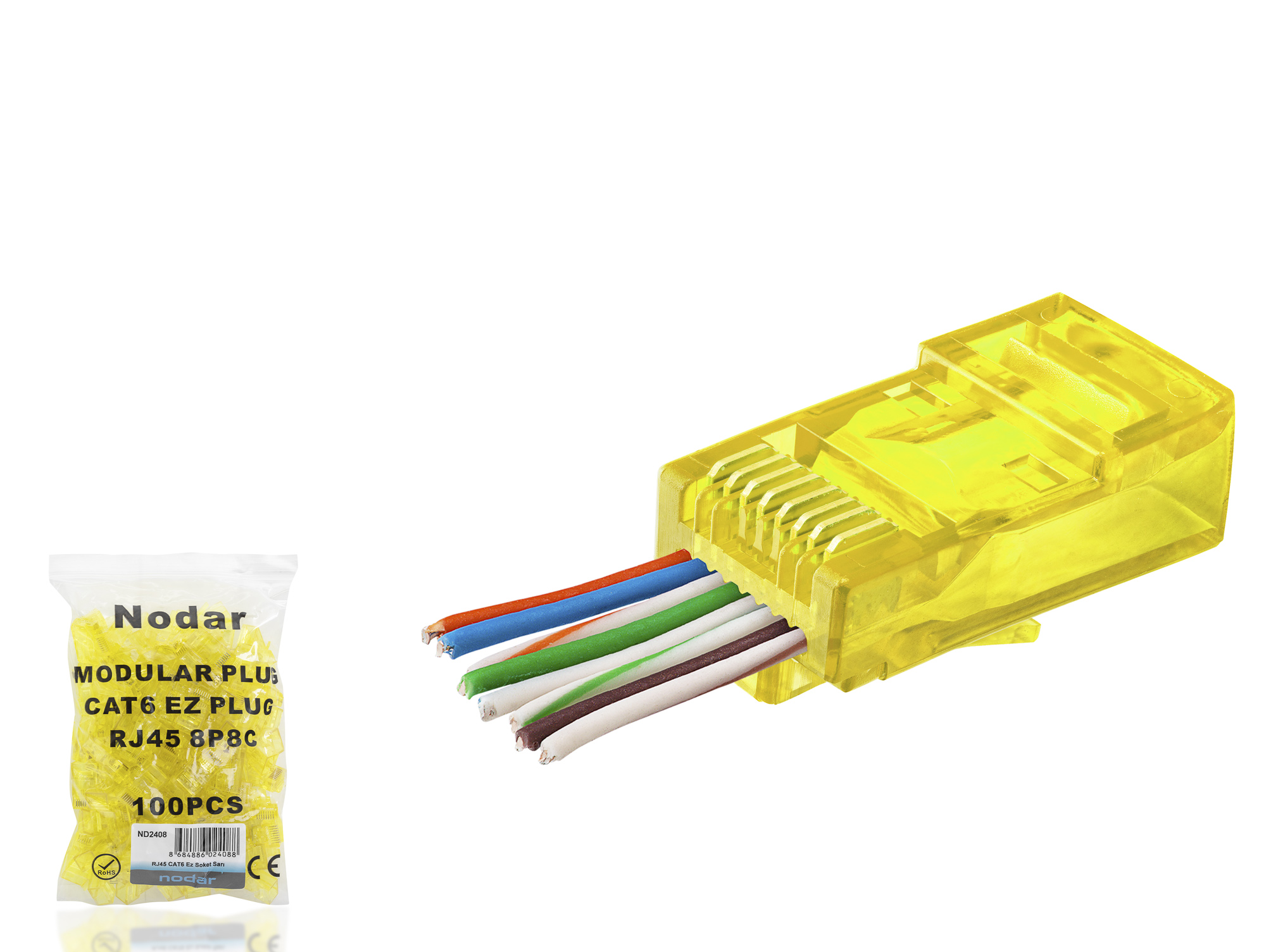 Evimdeyokyok Cat6 Ez Rj45 Konnektör - 100 Adet Sari / Ekonomik Poşet Paket Nd2408