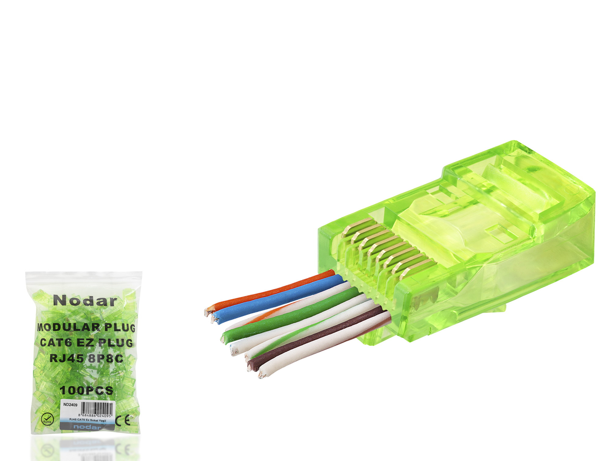 Evimdeyokyok Cat6 Ez Rj45 Konnektör - 100 Adet Yeşil / Ekonomik Poşet Paket Nd2409