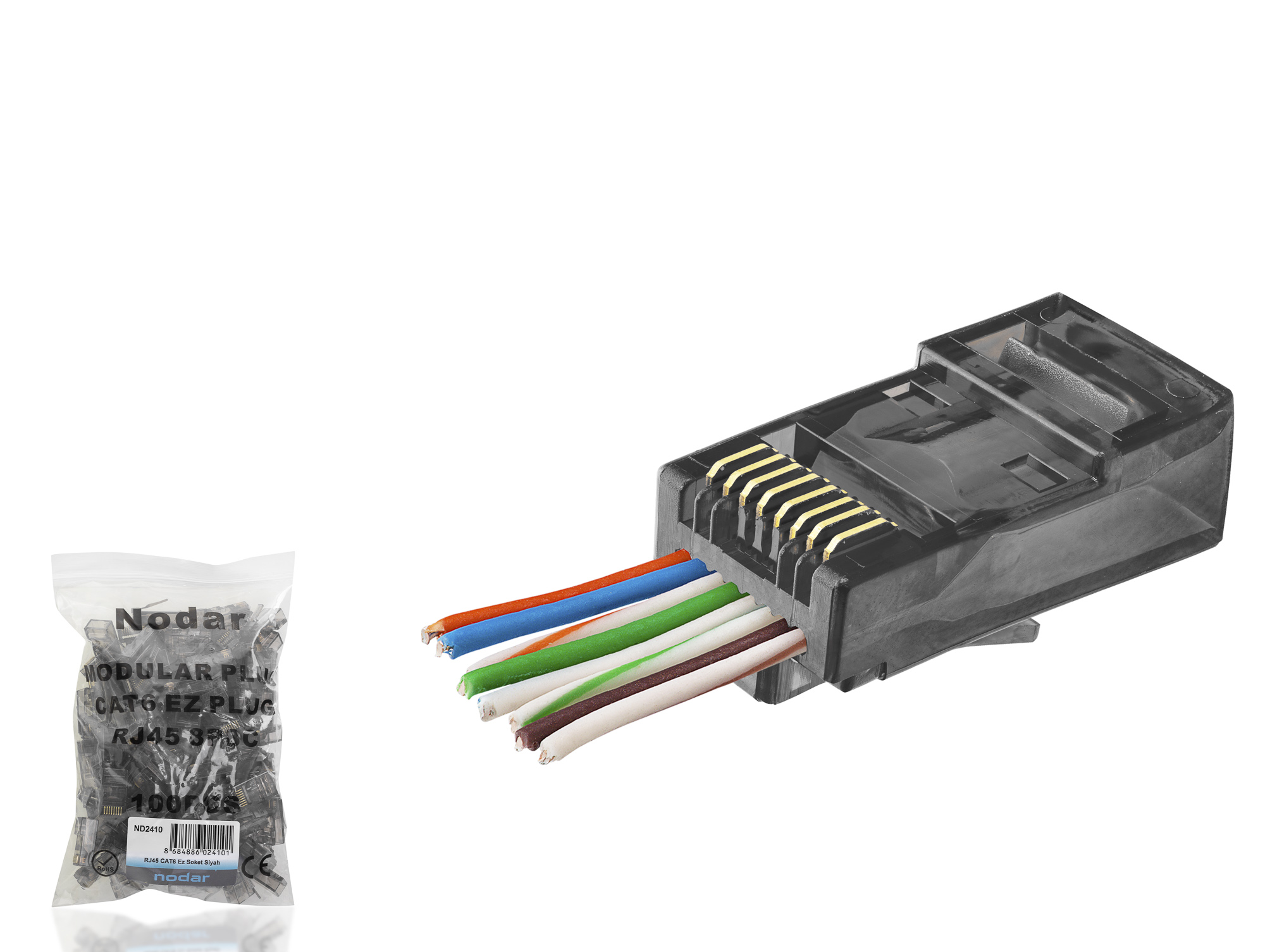 Evimdeyokyok Cat6 Ez Rj45 Konnektör - 100 Adet Siyah / Ekonomik Poşet Paket Nd2410