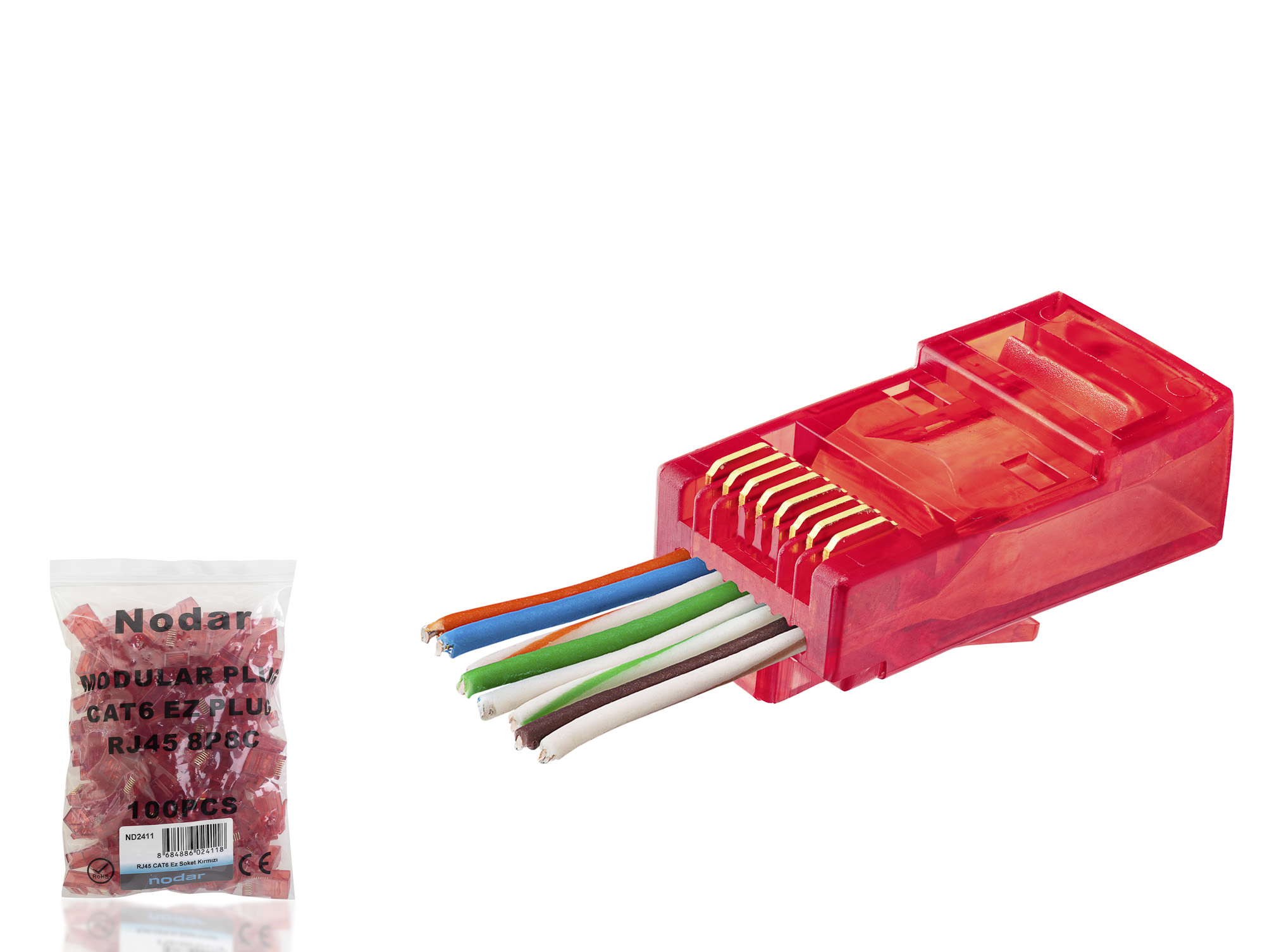 Evimdeyokyok Cat6 Ez Rj45 Konnektör - 100 Adet Kirmizi / Ekonomik Poşet Paket Nd2411