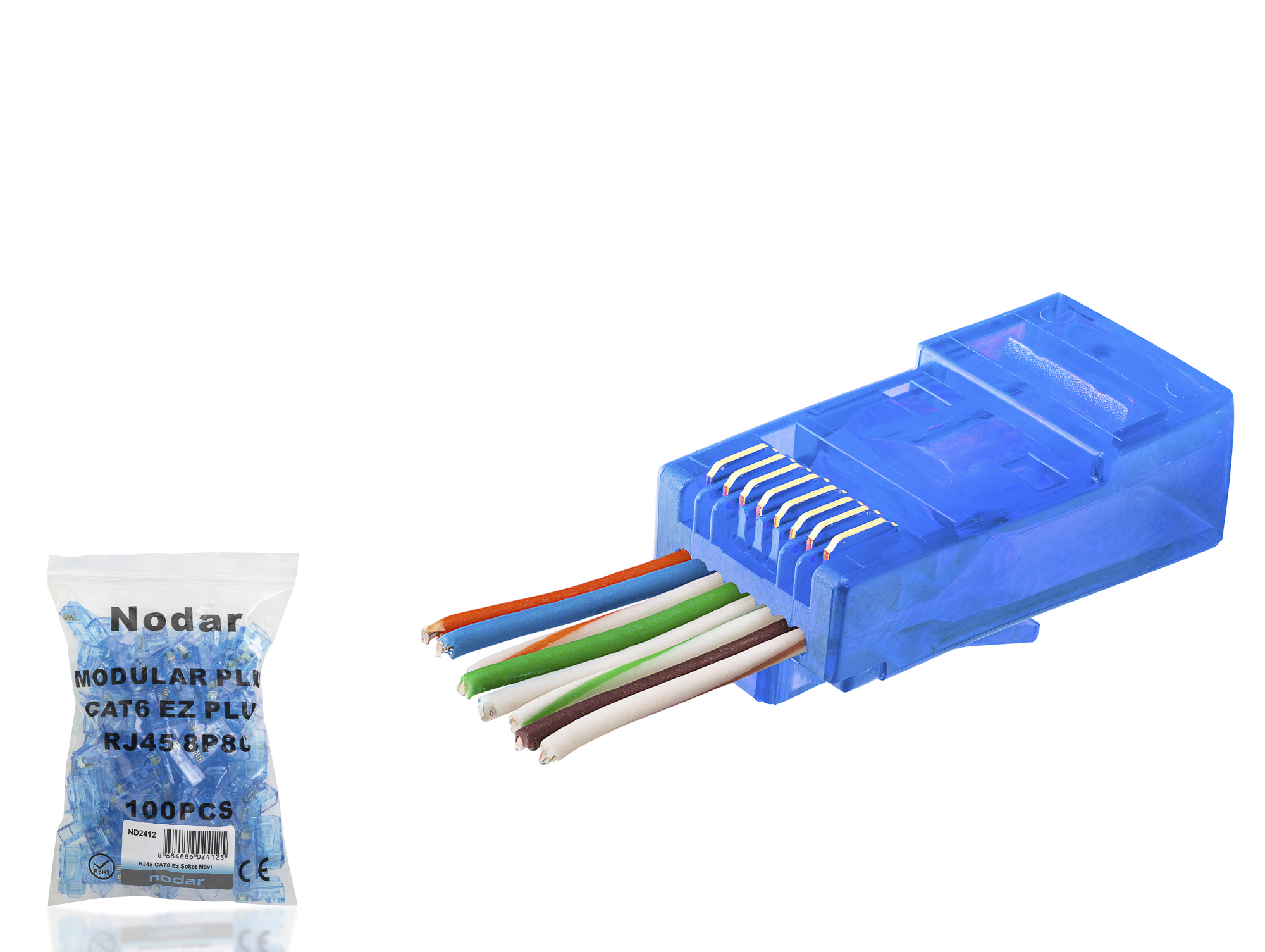 Evimdeyokyok Cat6 Ez Rj45 Konnektör - 100 Adet Mavi / Ekonomik Poşet Paket Nd2412