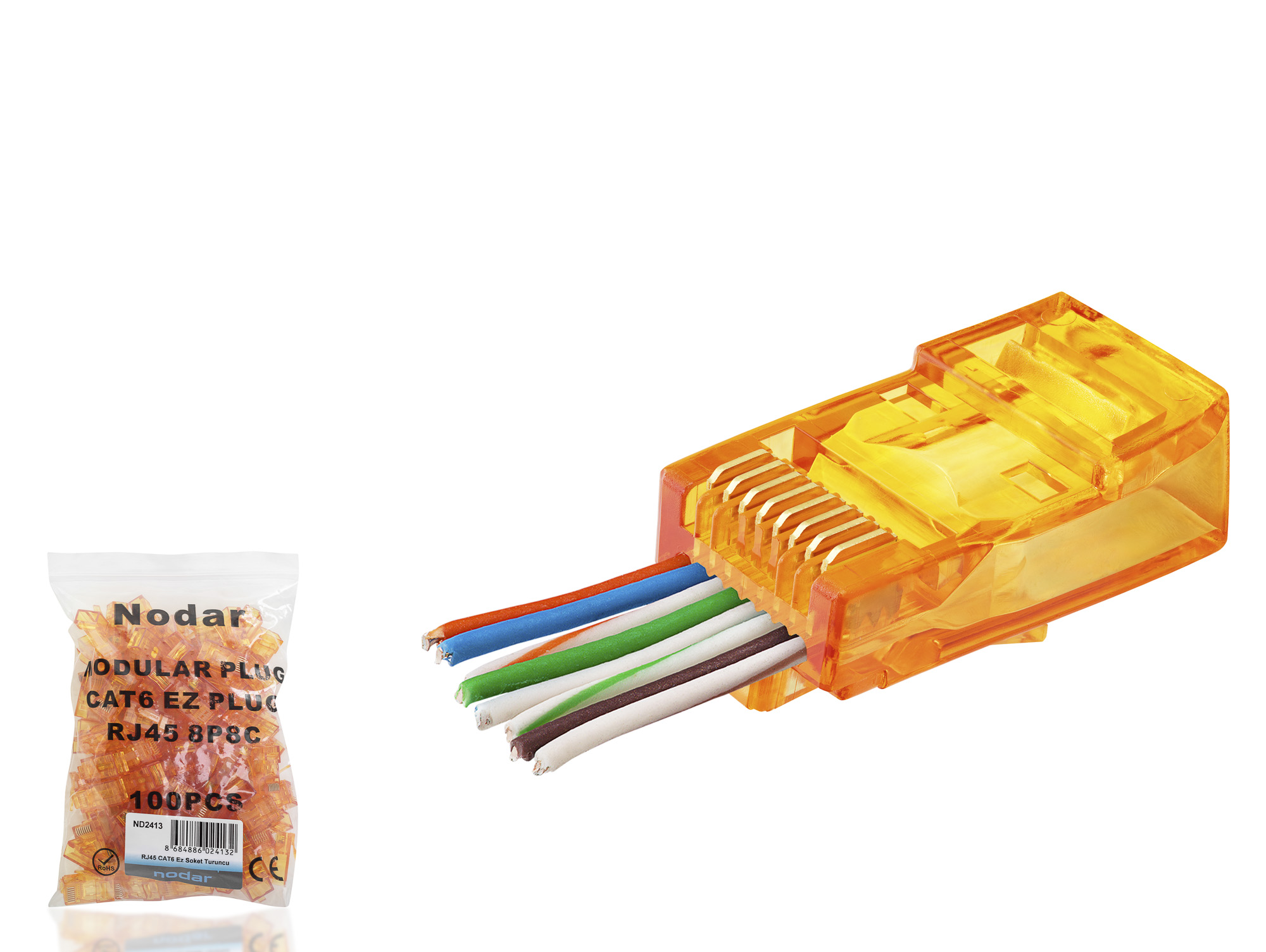 Evimdeyokyok Cat6 Ez Rj45 Konnektör - 100 Adet Turuncu / Ekonomik Poşet Paket Nd2413