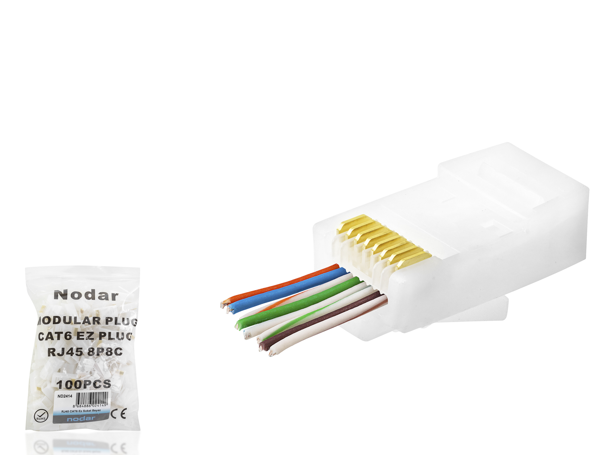 Evimdeyokyok Cat6 Ez Rj45 Konnektör - 100 Adet Beyaz / Ekonomik Poşet Paket Nd2414