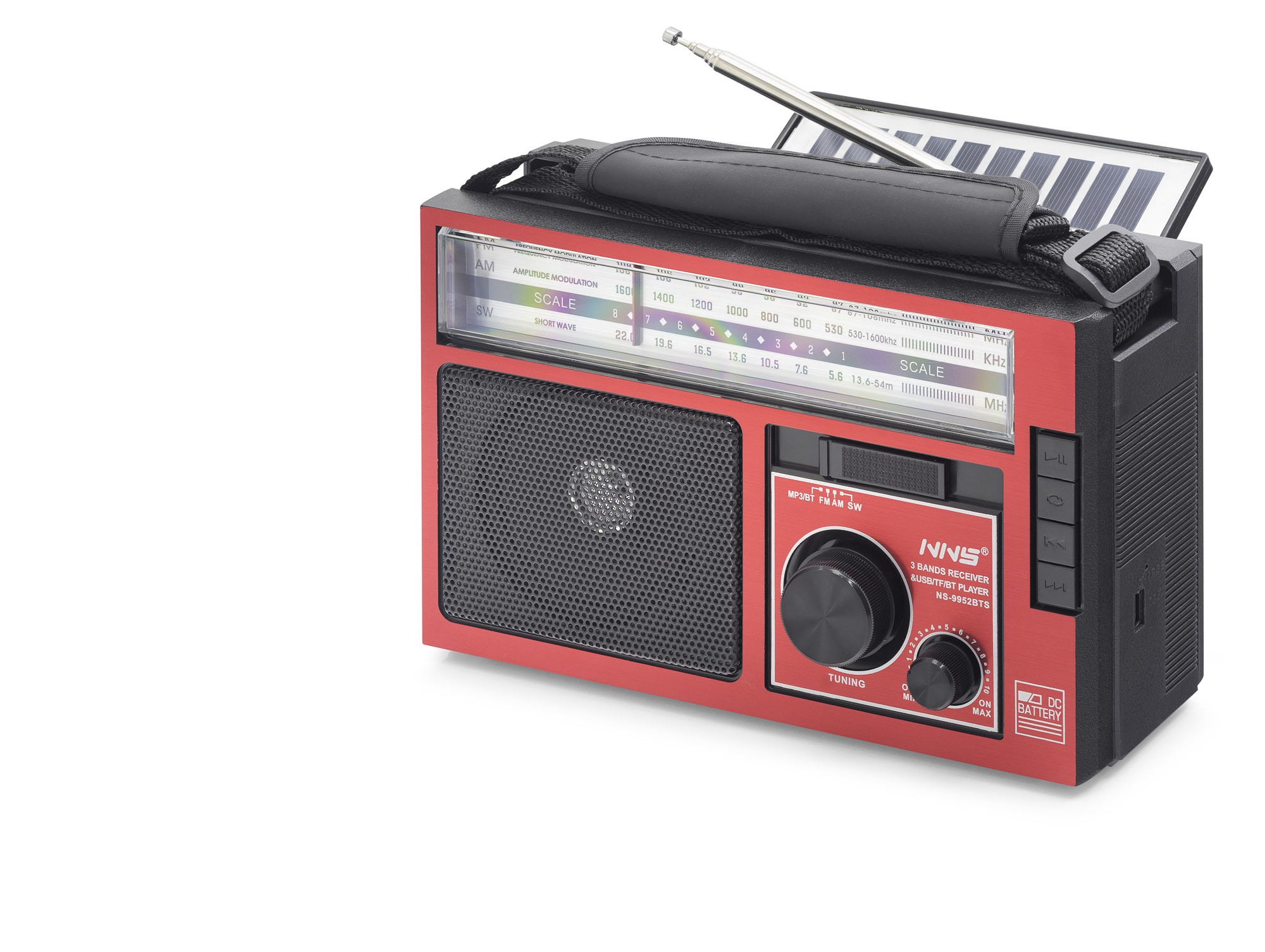 Bluetooth Solar Panelli Fm Radyo Usb Tf Nostaljik Hoparlör - Kırmızı Siyah NS9952BTS