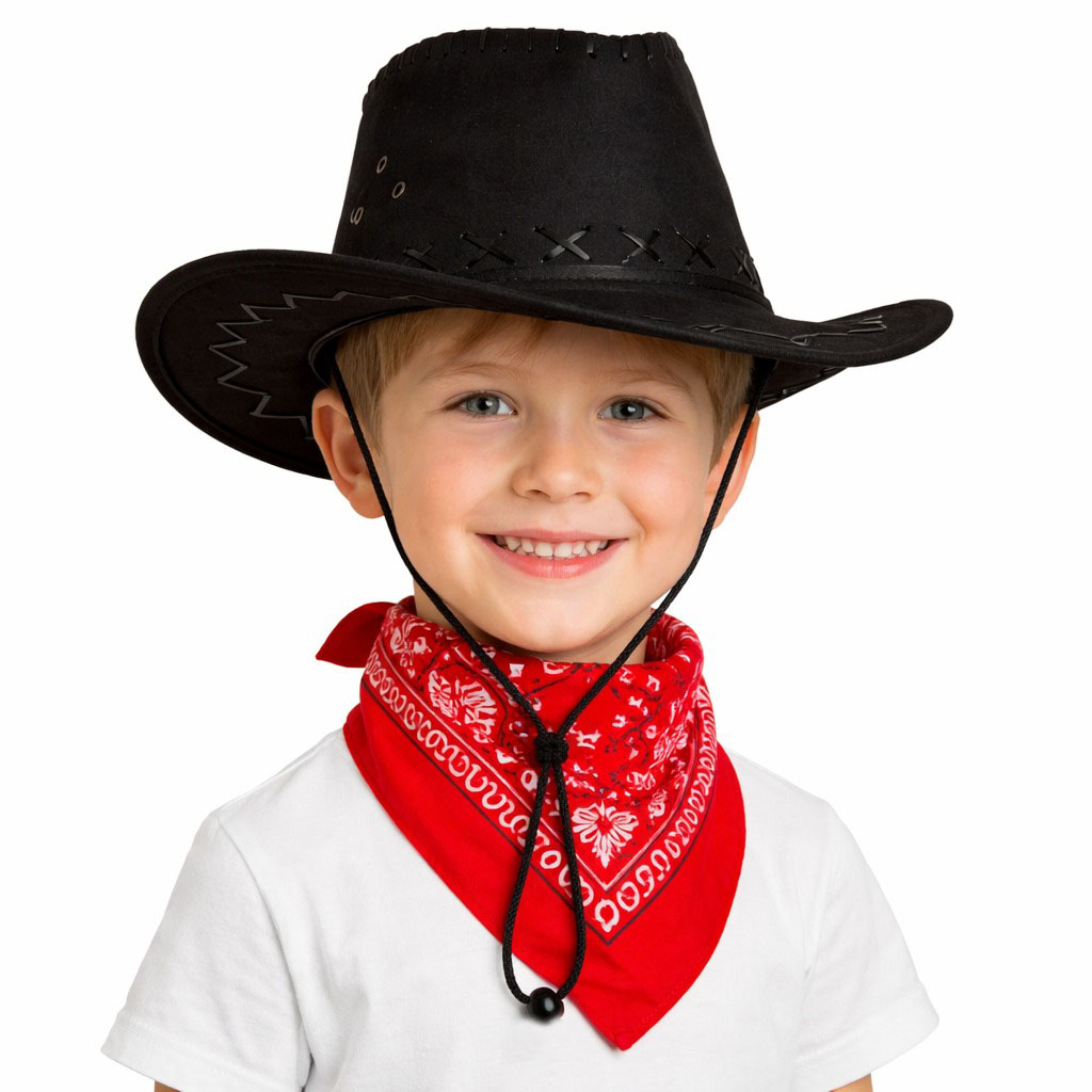 Çocuk Kovboy Şapka Siyah &amp; Kırmızı Bandana Fular Seti