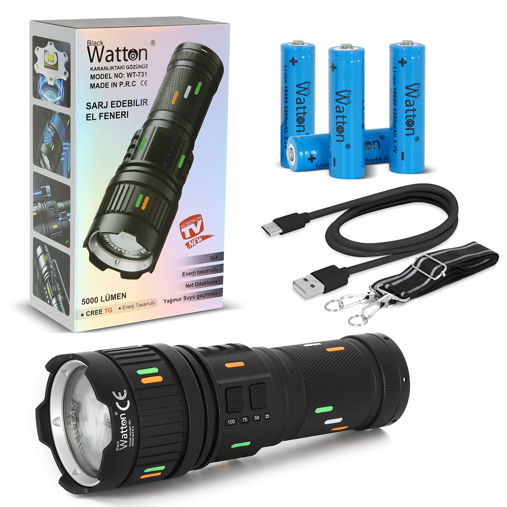 Evi̇mdeyokyok 5000 Lümen Cree Tg Led Şarj Göstergeli̇ El Feneri̇ – Güçlü Ve Profesyonel Wt-731