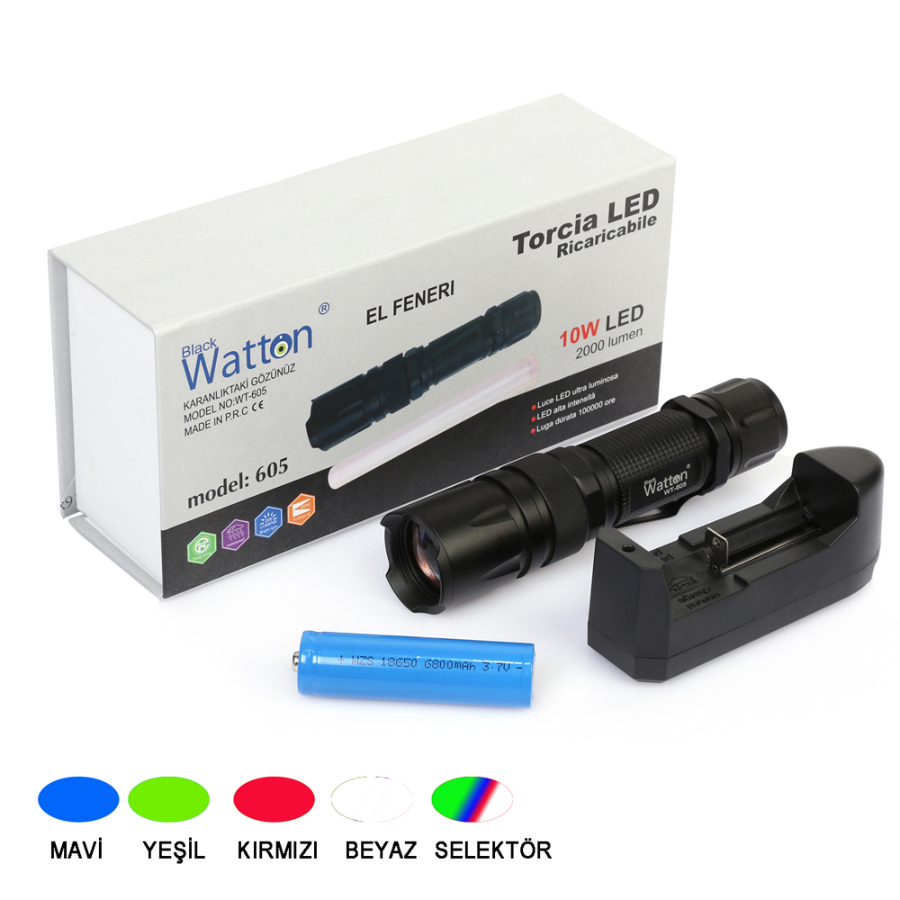 Evi̇mdeyokyok 10W 2000 Lümen 4 Renkli̇ Güçlü Led El Feneri̇ Yüksek Performans Aydınlatma Wt-605